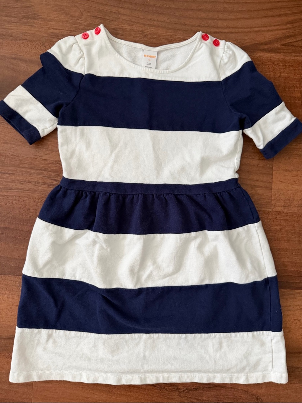 Striped Navy & White Girls' Dress with Red Button Accents